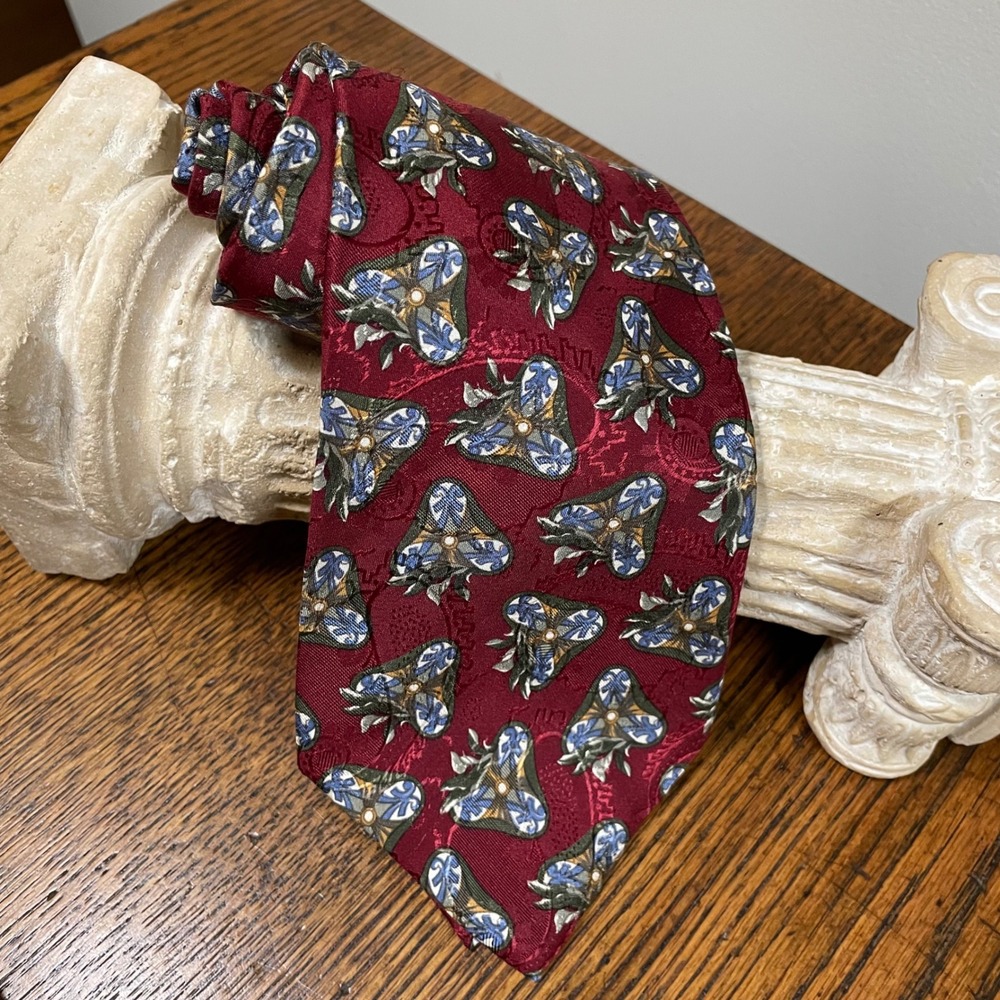 VTG Burberrys of London Silk Tie Burgundy Ornate Geometric Medallion USA Made